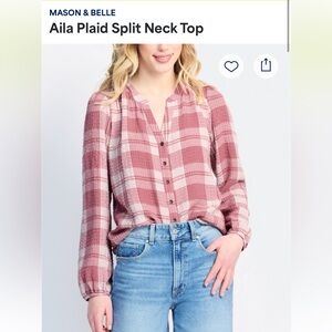 Plaid Button-Front Peasant Blouse in Rose